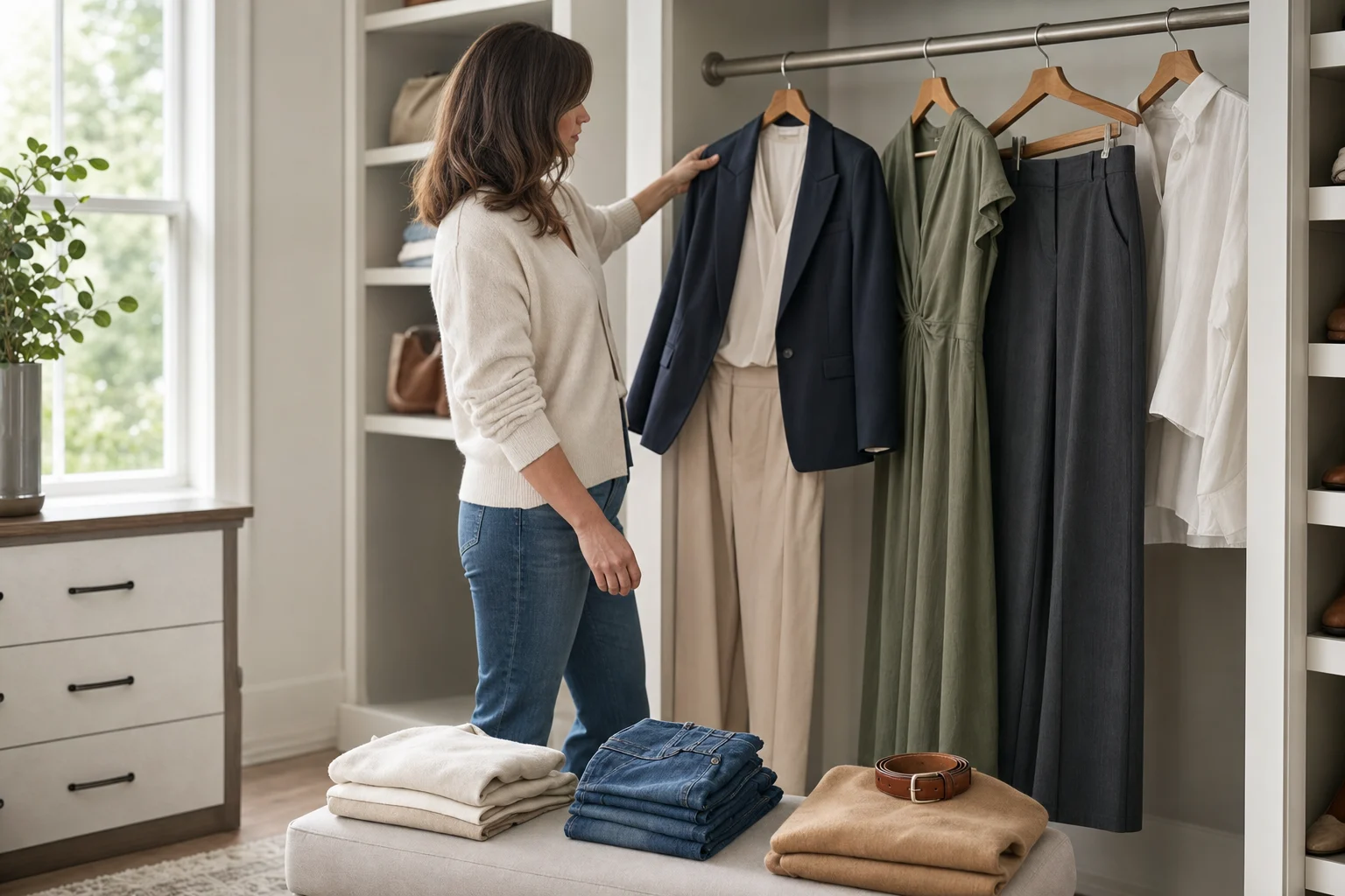 A woman reviewing three groups of clothes for a changing-size wardrobe.
