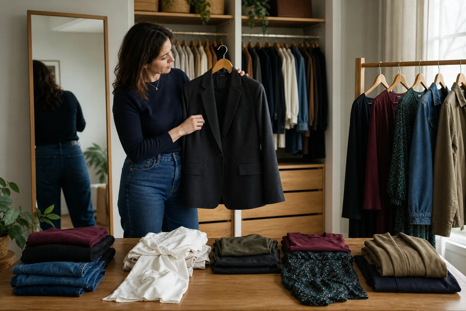 A woman sorting jackets and trousers during a changing-size wardrobe review.