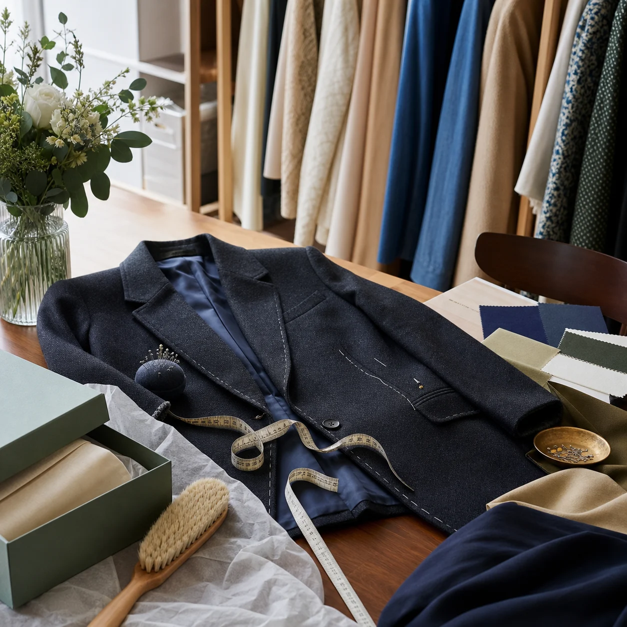A meaningful blazer laid out with alteration tools, fabric swatches, and a preservation box.