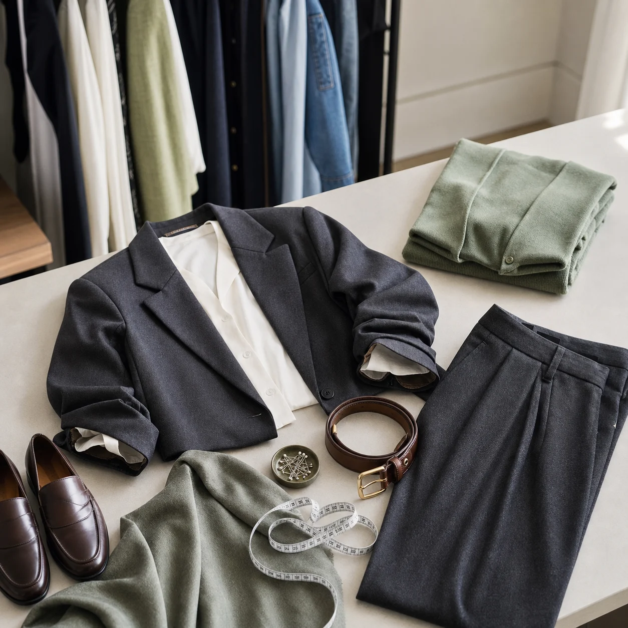 A temporary outfit plan with a belt, jacket, trousers, and alteration tools.