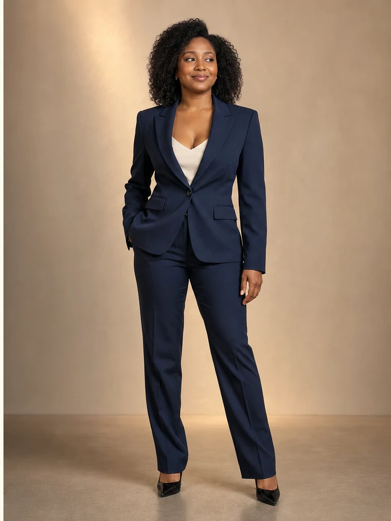 The same navy blazer and trouser suit refit with clean shoulder placement, shaped waist, and balanced trouser line.