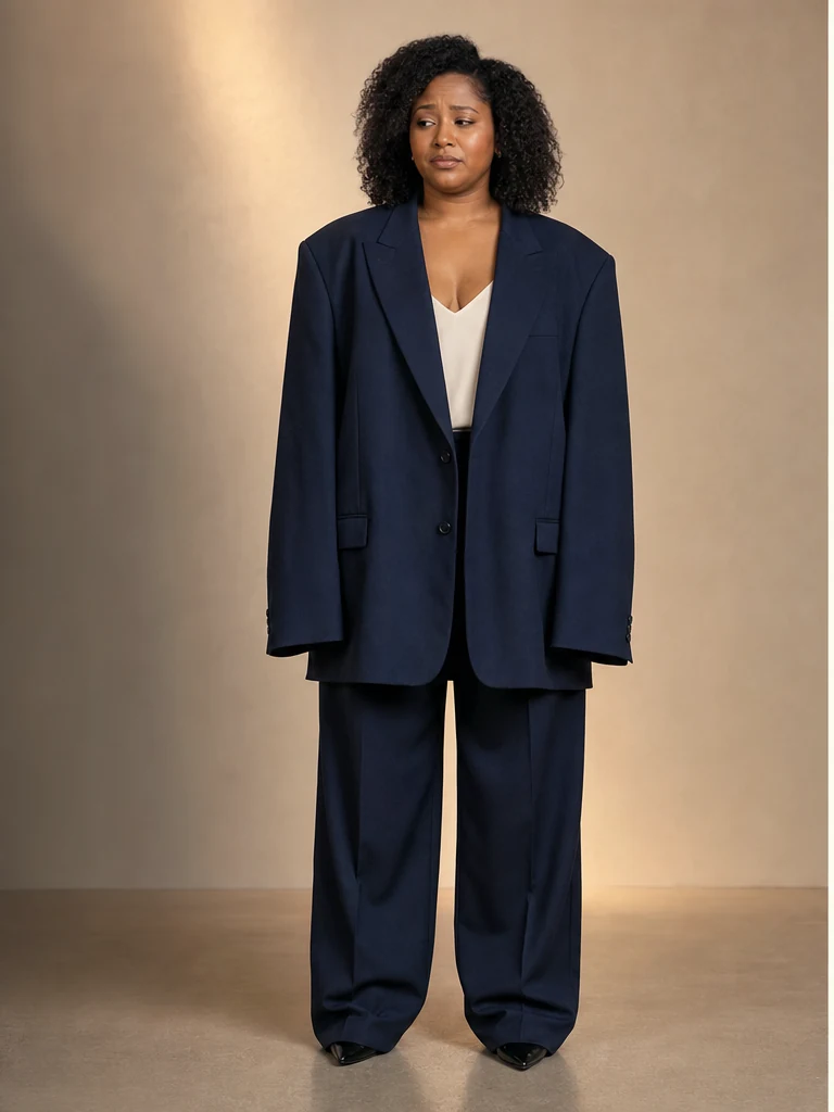 A navy blazer and trouser suit with oversized shoulders, long sleeves, and loose trouser volume.