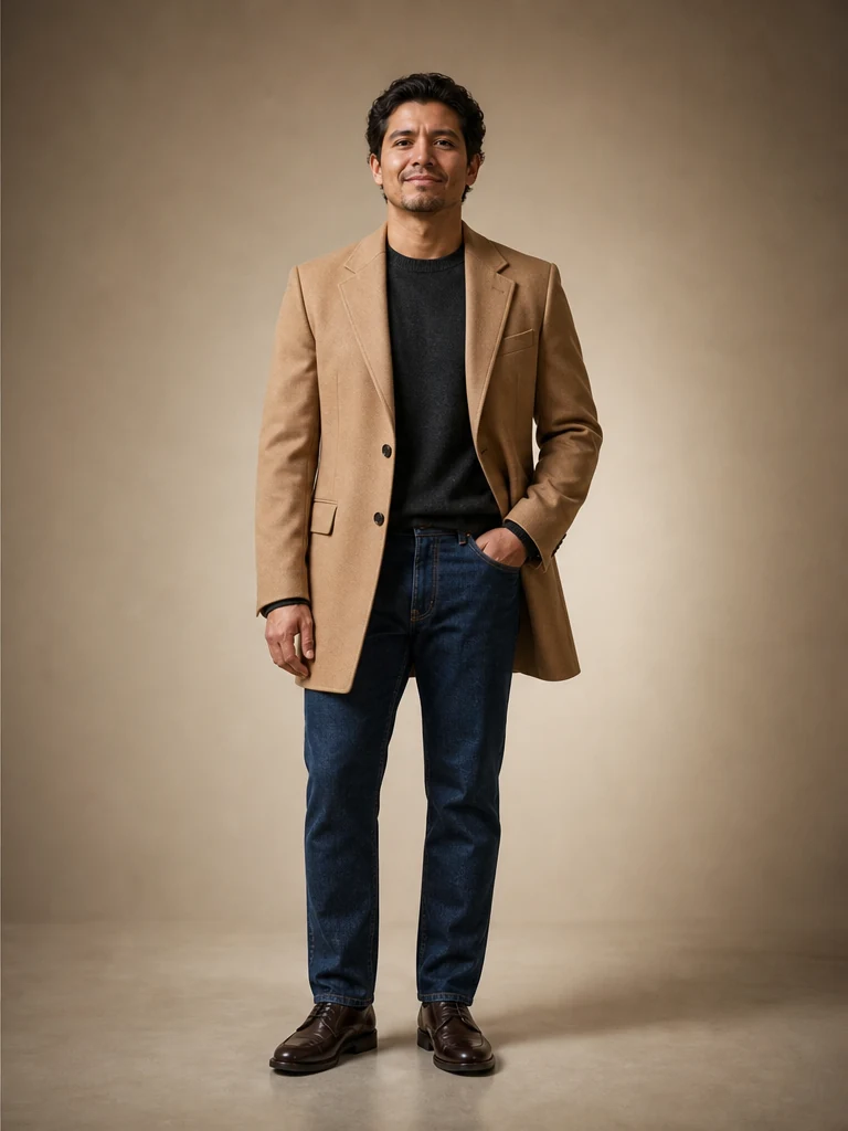 The same camel coat and denim refit with proper shoulder placement, sleeve length, and cleaner jean hem.
