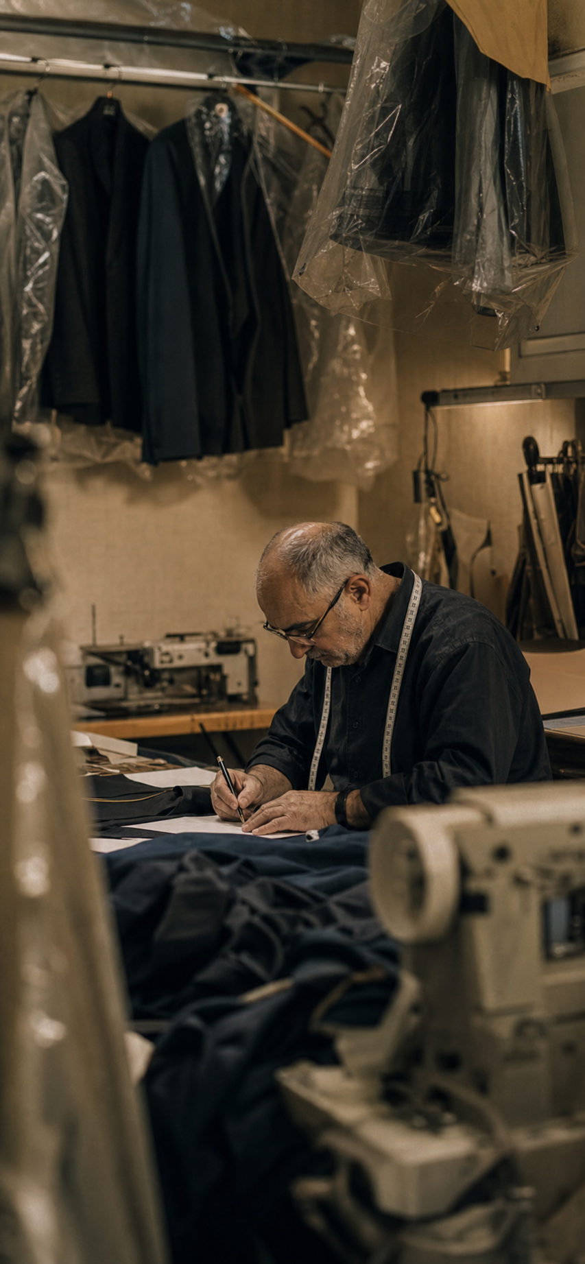 Experienced tailor marking alteration notes in a compact atelier surrounded by garment bags, sewing equipment, and folded navy fabric.